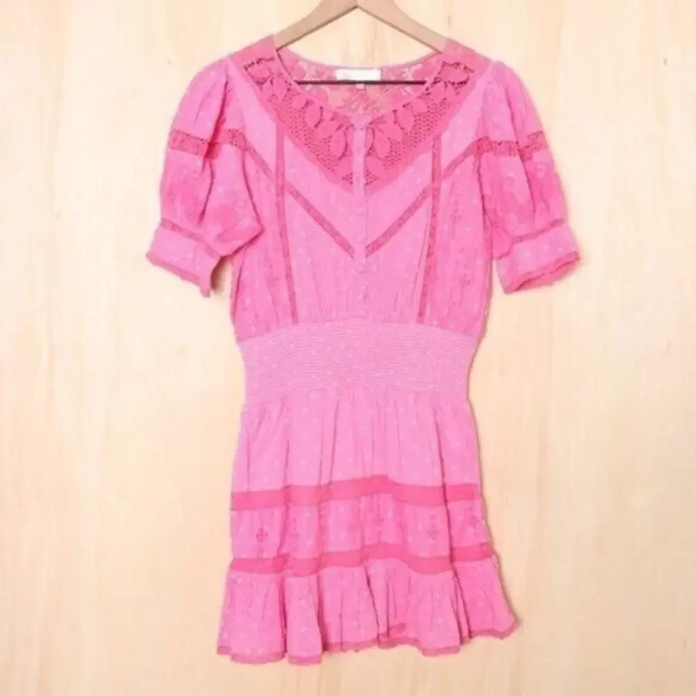 LOVESHACKFANCY Jaislyn Shirred Polka-Dot Cotton Mini Dress Pink Size XS - Picture 3 of 5